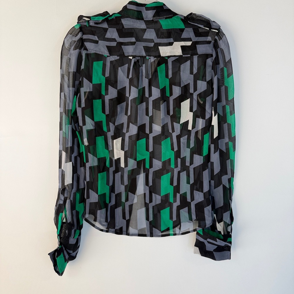 Diane von Furstenberg Blouse Women 6 Green Geometric Silk Chiffon Button Down - Picture 3 of 10